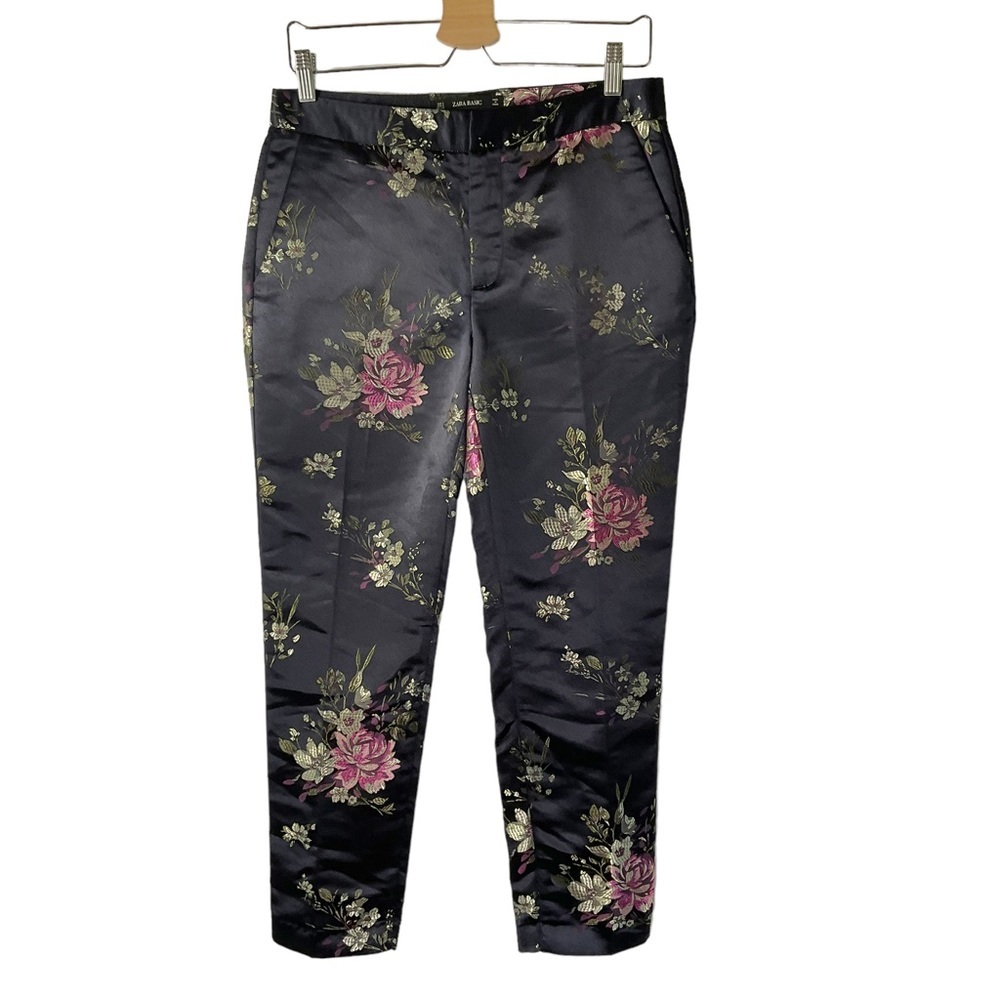 Zara Pants Silk Kimono Asian Floral Black Pink Size S Ankle Trousers